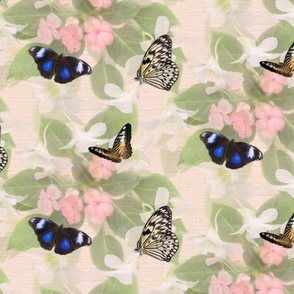 Pretty Pink Butterfly Floral Garden Pattern, Blue and White Summer House Decor, Colorful Flying Insect Wings, Pretty Pink and White Romantic Painterly Floral Pattern on Linen Texture 