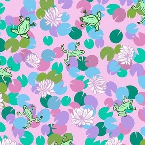 Small scale Frogs and blue lily pads on a pink background