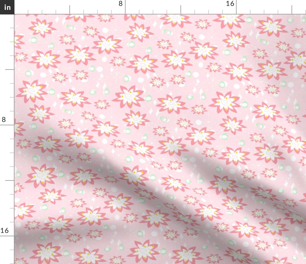 Atomic Lily in Pink -- Midcentury Modern Atomic Water Lilys -- Midcentury Atomic Stars and Lilys -- 6.25in x 6.25in repeat -- 600dpi (25% of Full Scale)