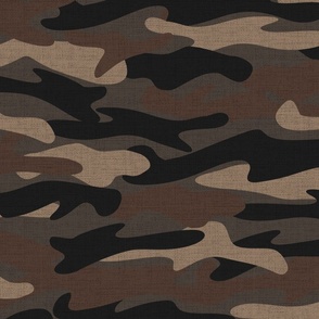 Modern textured camouflage dark and moody in black, brown, gray, taupe, and beige. 