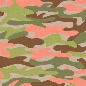 Modern textured camouflage in Pantone Peach pink, green, brown and tan. 