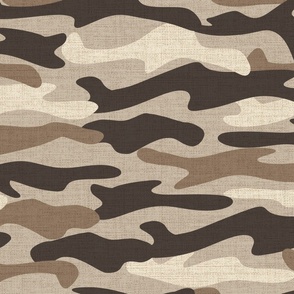 Modern textured camouflage in earthen tones of browns, taupe, and beige.