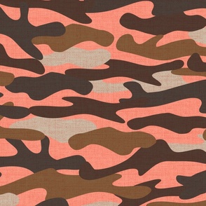 Modern textured camouflage in hot peach pink, browns, taupe, and beige.