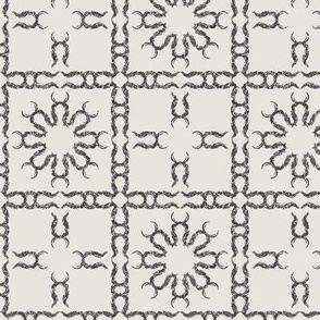 Sun and star tile block in pepper gray. Small scale  