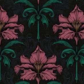 Dark Moody Floral Jumbo Flower Gothic Damask Wallpaper Large Scale Peach Red