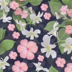 Linen Look Dark Floral in Muted Pastel Colors, Pink and Green Farmhouse Kitchencore Vibe, Painterly Country Flowers,  Romantic Painted Floral in Spring Colors, Soft Pink Green Pastel Floral Flower Garden, LARGE SCALE