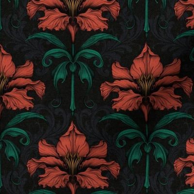 Dark Moody Floral - Gothic Damask Wallpaper - Tomato Red Small Scale