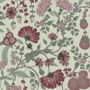 Garden intertwined maroon and pink on pale green (Medium 24 inch repeat fabric and wallpaper)