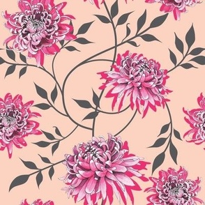 Pink Chrysanthemum and vines Watercolor