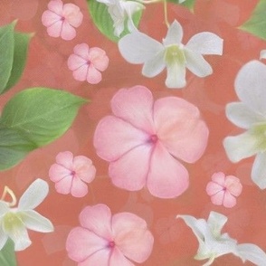 Painterly Floral Print in Soft Pastel Pinks Whites and Greens, Tropical Leafy Green Butterfly Plants, Muted Red Modern Floral for Garden Lovers, Soft Country Cottagecore Colors, LARGE SCALE