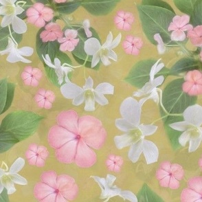 Pink and Green Linen Look Romantic Painted Floral, Soft Color Botanical Cottagecore, Painterly White Orchid Flowers on Pastel Yellow Ochre, MEDIUM SCALE