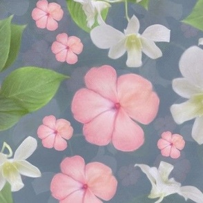 Tropical Flower Botanic Garden Painted Summer Floral, Pastel Pink White Green Summer Colors, Pretty Bedroom Floral Botanical Flower Garden Style, Country Kitchencore Painterly Floral Vibe,  LARGE SCALE