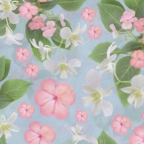 Green and Pink Modern Bedroom Floral in Soft Pastel Colors, Pretty Cottage Flower Pattern, Lush Tropical Butterfly Insect Loving Flowers, Exotic White Orchid Floral, MEDIUM SCALE