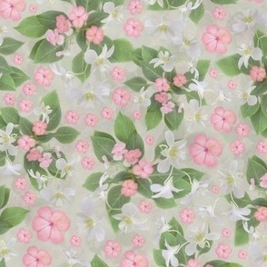 White Orchid Busy Lizzy Linen Look Texture, Romantic Pink and Green Painted Floral, Tropical Butterfly Flowers, Hand Painted Botanic Garden Style Floral, Pink Painted Flowers, SMALL SCALE