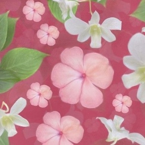Crimson Red, Soft Pink and White Floral, Summer Flower Garden Colors, Exotic Lush Green Tropical Floral, Orchid Garden Room Decor, LARGE SCALE