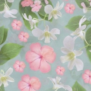 Pastel Blue Flower Print, Pink and White Floral, Busy Lizzy Horticulture Garden Lover, Painterly White Orchids, Colorful Tropical Floral, Soft Pastel Colors, Cottagecore Vibe, MEDIUM SCALE