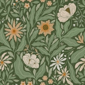  Boho Flowers Floral-Vintage Style 90's on Dark Green-Muted Green