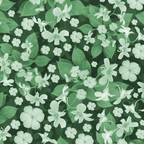 Dark Emerald Green Linen Look Texture Background, Painterly Orchid Floral, Ditsy Busy Lizzy Flower Pattern, Green Monochrome Flowers, SMALL SCALE