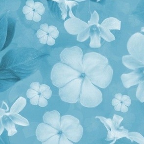 Sky Blue Summer Pastel Linen Look Floral, Romantic Blue Painted Flowers, Modern Painterly Floral, Contemporary Botanical Garden Orchid and Busy Lizzy Plant, Monochrome Blue Color Palette, LARGE SCALE