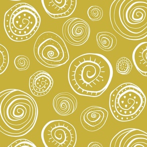 Spiral Shells hand drawn, abstract doodles, white on  yellow ochre