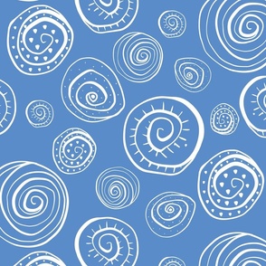 Spiral Shells hand drawn, abstract doodles, white on  blue