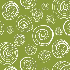 Spiral Shells hand drawn, abstract doodles, white on pea green