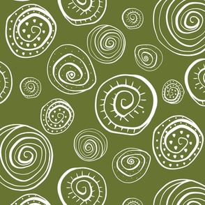 Spiral Shells hand drawn, abstract doodles, white on dark olive green