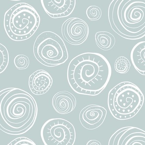 Spiral Shells hand drawn, abstract doodles, white on soft sage green