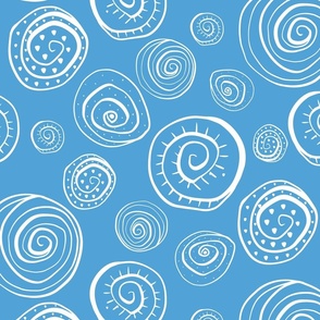 Spiral Shells hand drawn, abstract doodles, white on turquoise blue