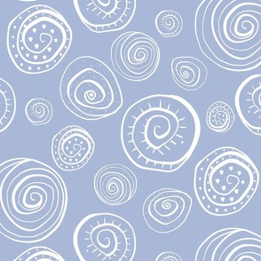 Spiral Shells hand drawn, abstract doodles, white on periwinkle blue