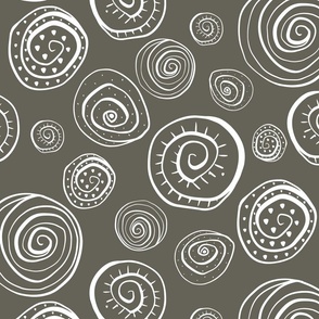 Spiral Shells hand drawn, abstract doodles, white on smokey gray