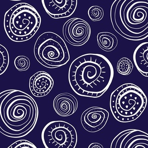 Spiral Shells hand drawn, abstract doodles, white on dark purple