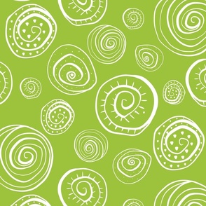 Spiral Shells hand drawn, abstract doodles, white on grass green