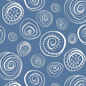 Spiral Shells hand drawn, abstract doodles, white on cerulean blue 