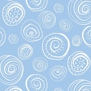 Spiral Shells hand drawn, abstract doodles, white on sky blue.