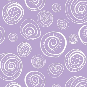 Spiral Shells hand drawn, abstract doodles, white on lavender.
