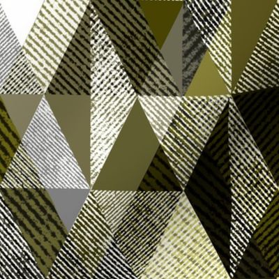 Olive, white, grey rhombic textured pattern. Dark olive ribbed texture.