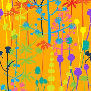 Large - A maximalist floral meadow of bold, colourful, hand drawn silhouettes for the most exciting of wallpapers. Multi-colored flowers on a vibrant orange background.