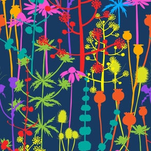 Large - A maximalist floral meadow of bold, colourful silhouettes layered to create a design full of energy and vibrancy. Multi-colored stylised flowers on a navy blue background.