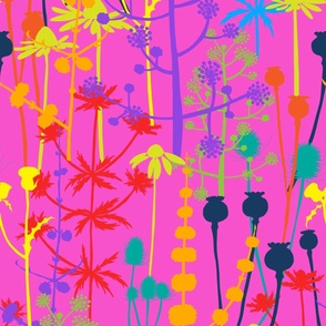 Large - A maximalist floral meadow of bold, colourful, hand drawn silhouettes for the most exciting of wallpapers. Multi-colored flowers on a vibrant pink background.