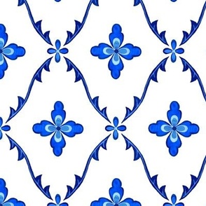 Elegant Grandmillennial minimalist floral damask in vibrant Delft China Blue and white