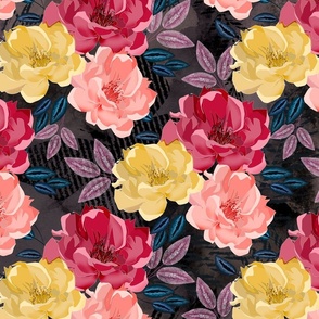 Red, yellow, orange flowers on a dark grey background. Colorful floral pattern.