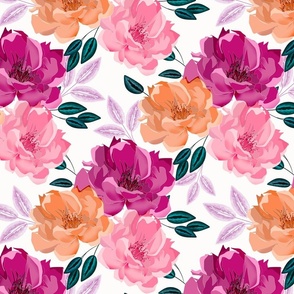 Pink, crimson, orange flowers on a white background. Colorful floral pattern.