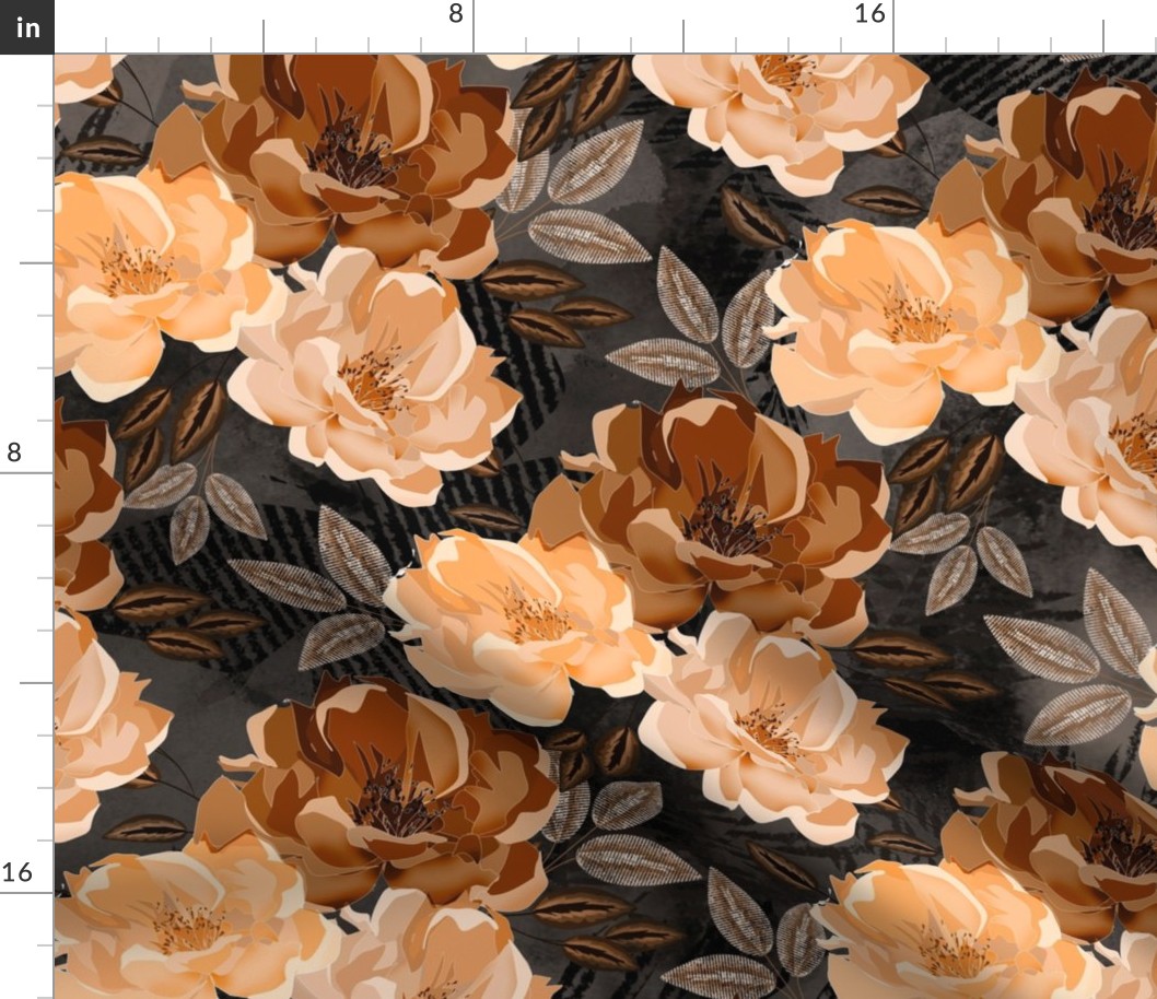 Brown, apricot flowers on a dark gray-brown background. Monochrome floral pattern.