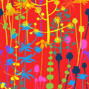 Large - A maximalist floral meadow of bold, colourful, hand drawn silhouettes for the most exciting of wallpapers. Multi-colored flowers on a vibrant red background.
