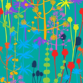 Large - A maximalist floral meadow of bold, colourful, hand drawn silhouettes for the most exciting of wallpapers. Multi-colored flowers on a vibrant turquoise background.