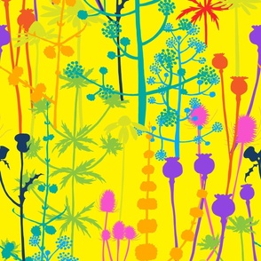 Large - A maximalist floral meadow of bold, colourful, hand drawn silhouettes for the most exciting of wallpapers. Multi-colored flowers on a vibrant yellow background.