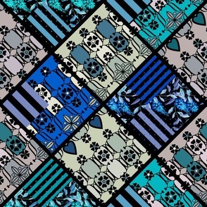 Rustic pattern retro sixties patchwork blue turquoise patches