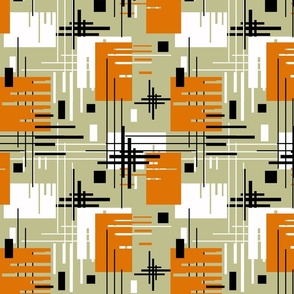 Retro pattern geometric shapes and lines olive orange white 