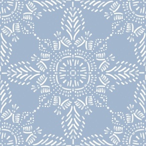 (L) Boho Painted Feathered Tile Monochromatic Coastal Blue and White